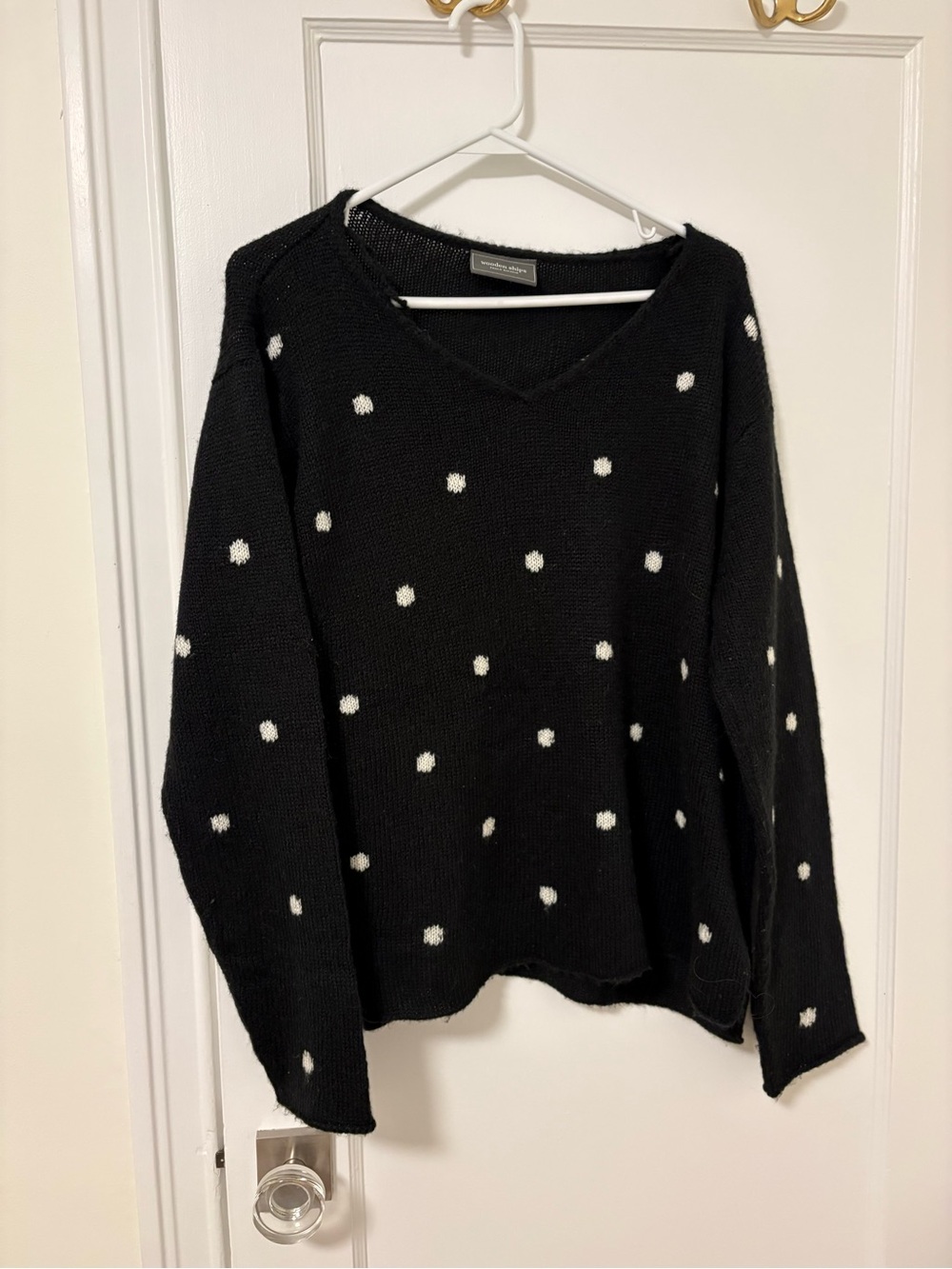 Wooden Ships Black V-Neck Sweater with White Polka Dots